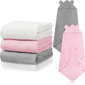 Preboun 3 Pcs Muslin Baby Bath Towel with Hood 6 Layers Cute Hooded Baby Towels Cotton Absorbent Baby Hooded Towel for Newborn Kids Girl Infant Boys Toddler Shower Gift Supplies (Grey,Blue,White)