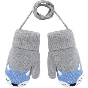 Baby Cartoon Fox Winter Glove Hanging Neck Knit Warm Mitten with Rope Kid Full Finger Glove Xmas Gifts for 0-3 Years Old