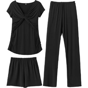 SUNNYBUY Women's Maternity Postpartum Pajamas Set, Breastfeeding Tops，Adjustable Pregnancy Shorts & Pants 3 Piece Nursing PJS