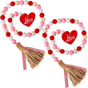 2 Pieces Valentine's Day Wood Bead Garlands with Tassels Farmhouse Rustic Country Wood Bead Garland with Wooden Heart Sign Wall Hanging Decor Prayer Boho Beads Natural Holiday Garland Decoration in Kuwait
