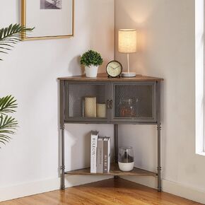 VECELO 3-Tier Cabinet/Table, Display Shelves with Free Standing Storage Mesh Small Space, Living Room, Kitchen, Bedroom, Corner Shelf with Door, Gold in Kuwait
