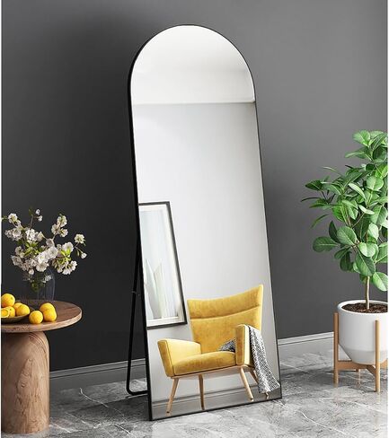 Gumnay 64 "x 21" مرآة أرضية مقوسة بطول كامل مع إطار من سبائك الألومنيوم لكامل الجسم مرآة حامل مرآة مثبتة على الحائط لغرفة النوم وغرفة المعيشة - أسود in Kuwait