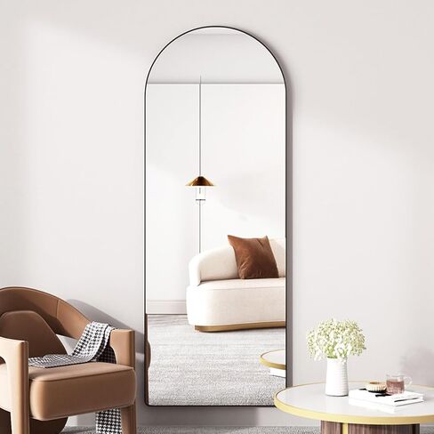 Gumnay 64 "x 21" مرآة أرضية مقوسة بطول كامل مع إطار من سبائك الألومنيوم لكامل الجسم مرآة حامل مرآة مثبتة على الحائط لغرفة النوم وغرفة المعيشة - أسود in Kuwait