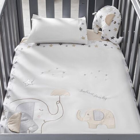 QoupQuru Baby Crib Bedding Set - 100% Turkish Cotton - Nursery Crib Bedding Sets for Boys & Girls - Elephant Design - 4 Color Variations by QQ Baby (Beige, 7 Pieces) in Saudi Arabia