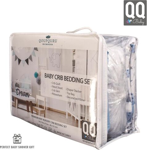 QoupQuru Baby Crib Bedding Set - 100% Turkish Cotton - Nursery Crib Bedding Sets for Boys & Girls - Elephant Design - 4 Color Variations by QQ Baby (Beige, 7 Pieces) in Saudi Arabia
