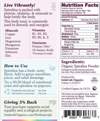 Imlak'esh Organics، مسحوق سبيرولينا (جرة زجاجية سعة 14 أونصة)، الطحالب الخضراء المزرقة — كيتو | باليو | نمت عضويا في تشيلي | خالي من الغلوتين | غير معدل وراثيًا in Saudi Arabia