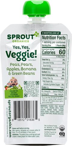 أغذية الأطفال العضوية من CoComelon Sprout، أكياس للأطفال الصغار، نعم، نعم، الخضروات والفواكه والحبوب، 3.5 أونصة (عبوة من 12 قطعة) in Kuwait