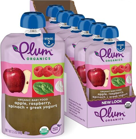أغذية الأطفال العضوية من بلوم أورجانيكس - المرحلة 2 - التفاح والتوت والسبانخ والزبادي اليوناني - كيس 3.5 أونصة (عبوة من 4 قطع) - كيس أغذية الأطفال من الفواكه والخضروات العضوية in Kuwait