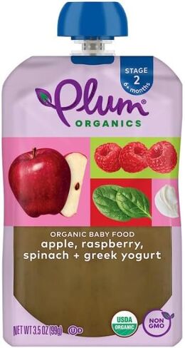 أغذية الأطفال العضوية من بلوم أورجانيكس - المرحلة 2 - التفاح والتوت والسبانخ والزبادي اليوناني - كيس 3.5 أونصة (عبوة من 4 قطع) - كيس أغذية الأطفال من الفواكه والخضروات العضوية in Kuwait