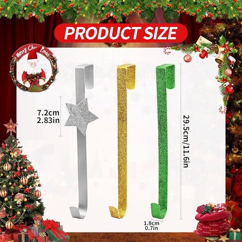 Christmas Wreath Hanger 3PCS Glitter Gold Silver Green Metal Garland Hanging Hooks Over The Door Wreath Hanger Holders for Christmas Party Halloween Home Office Wall Wedding Wreaths Decoration in Kuwait