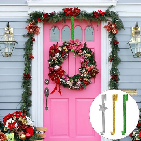 Christmas Wreath Hanger 3PCS Glitter Gold Silver Green Metal Garland Hanging Hooks Over The Door Wreath Hanger Holders for Christmas Party Halloween Home Office Wall Wedding Wreaths Decoration in Kuwait