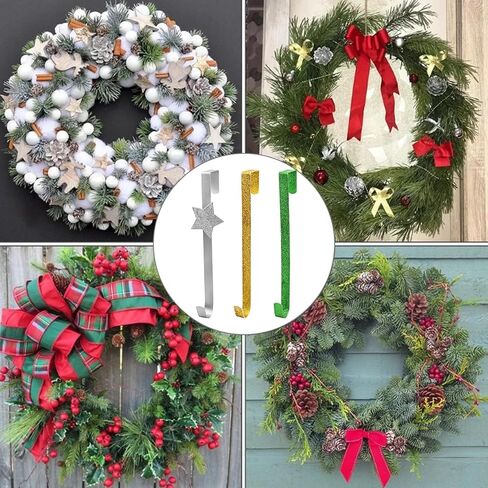 Christmas Wreath Hanger 3PCS Glitter Gold Silver Green Metal Garland Hanging Hooks Over The Door Wreath Hanger Holders for Christmas Party Halloween Home Office Wall Wedding Wreaths Decoration in Kuwait