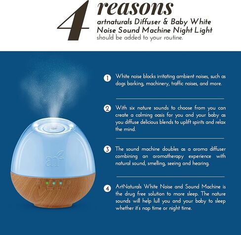 artnaturals Essential Oil Diffuser & Baby White Noise Sound Machine w/Night Light - 6 Natural Relaxing & Soothing Sounds - Sleep Therapy for Babies, Kids & Adults - Aromatherapy Humidifier for Bedroom in Kuwait
