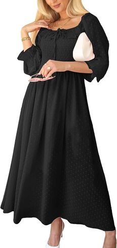 Anna-Kaci Long Sleeve Swiss Dot Lined Maxi Dress for Women Smocked Tied Detail Square Neck in Saudi Arabia