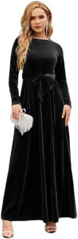 OBEEII Fall Dress for Women Long Sleeve Velvet Maxi Dress with Belt Wedding Guest Casual Holiday Party Dresses in Kuwait