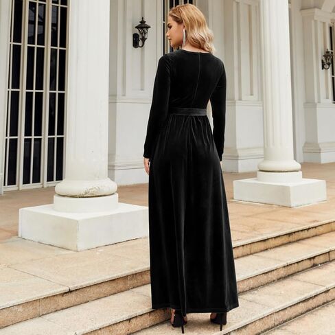 OBEEII Fall Dress for Women Long Sleeve Velvet Maxi Dress with Belt Wedding Guest Casual Holiday Party Dresses in Kuwait