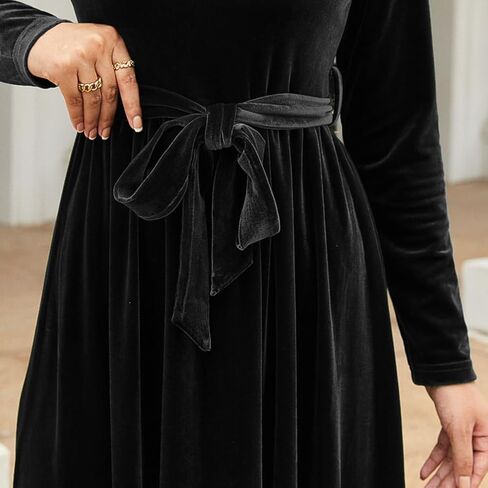 OBEEII Fall Dress for Women Long Sleeve Velvet Maxi Dress with Belt Wedding Guest Casual Holiday Party Dresses in Kuwait