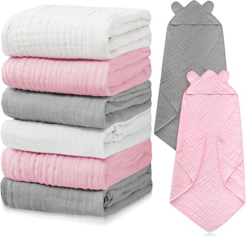 Preboun 3 Pcs Muslin Baby Bath Towel with Hood 6 Layers Cute Hooded Baby Towels Cotton Absorbent Baby Hooded Towel for Newborn Kids Girl Infant Boys Toddler Shower Gift Supplies (Grey,Blue,White) in Saudi Arabia