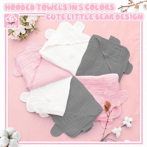 Preboun 3 Pcs Muslin Baby Bath Towel with Hood 6 Layers Cute Hooded Baby Towels Cotton Absorbent Baby Hooded Towel for Newborn Kids Girl Infant Boys Toddler Shower Gift Supplies (Grey,Blue,White) in Saudi Arabia
