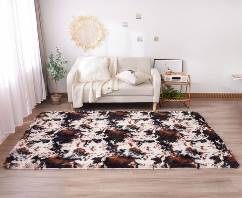 Aimuan Cow Print Area Rug Cute Fluffy Faux Cowhide Rug Super Soft Shaggy Carpets Tie-Dye Rugs for Living Room Bedroom Girls Kids Room Nursery Home Decor Non-Slip Mat (Coffee-Black, 5x7) in Kuwait