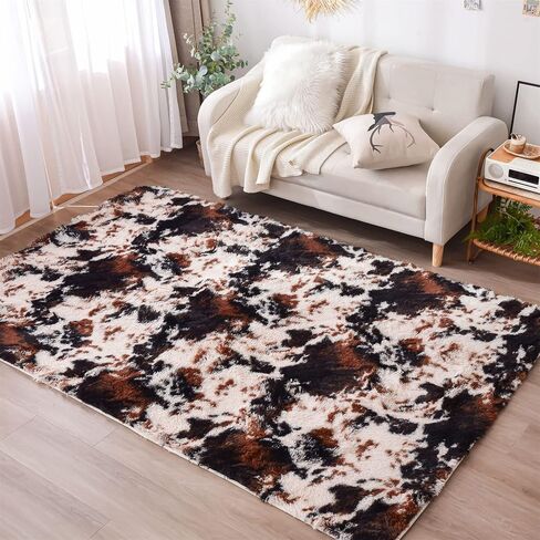 Aimuan Cow Print Area Rug Cute Fluffy Faux Cowhide Rug Super Soft Shaggy Carpets Tie-Dye Rugs for Living Room Bedroom Girls Kids Room Nursery Home Decor Non-Slip Mat (Coffee-Black, 5x7) in Kuwait