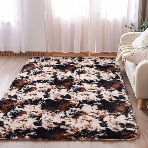 Aimuan Cow Print Area Rug Cute Fluffy Faux Cowhide Rug Super Soft Shaggy Carpets Tie-Dye Rugs for Living Room Bedroom Girls Kids Room Nursery Home Decor Non-Slip Mat (Coffee-Black, 5x7) in Kuwait