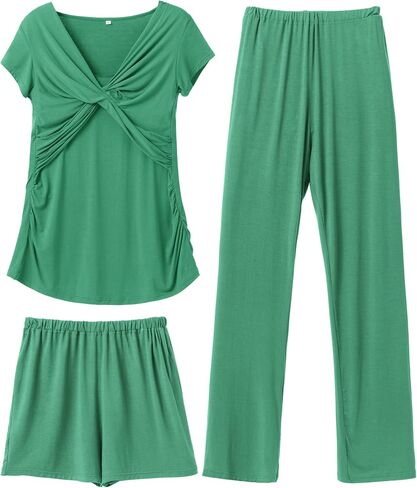 SUNNYBUY Women's Maternity Postpartum Pajamas Set, Breastfeeding Tops，Adjustable Pregnancy Shorts & Pants 3 Piece Nursing PJS in Kuwait