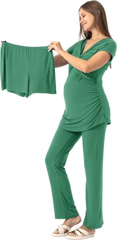 SUNNYBUY Women's Maternity Postpartum Pajamas Set, Breastfeeding Tops，Adjustable Pregnancy Shorts & Pants 3 Piece Nursing PJS in Kuwait