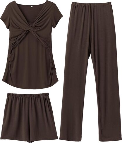 SUNNYBUY Women's Maternity Postpartum Pajamas Set, Breastfeeding Tops，Adjustable Pregnancy Shorts & Pants 3 Piece Nursing PJS in Kuwait