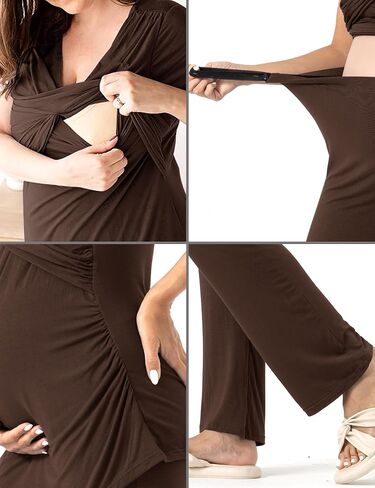 SUNNYBUY Women's Maternity Postpartum Pajamas Set, Breastfeeding Tops，Adjustable Pregnancy Shorts & Pants 3 Piece Nursing PJS in Kuwait