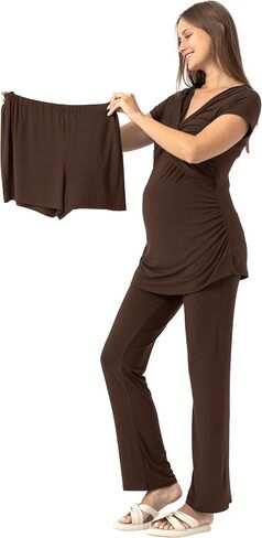 SUNNYBUY Women's Maternity Postpartum Pajamas Set, Breastfeeding Tops，Adjustable Pregnancy Shorts & Pants 3 Piece Nursing PJS in Kuwait