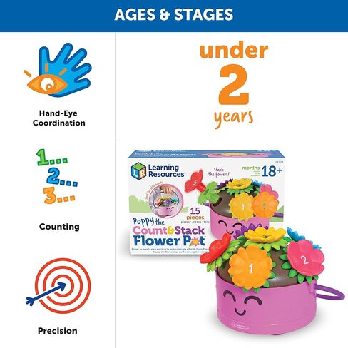 إناء للزهور من Learning Resources Poppy the Count & Stack - 15 قطعة، ألعاب المهارات الحركية الدقيقة للأطفال الصغار، ألعاب ما قبل المدرسة، للأعمار من 18 شهرًا فما فوق in Kuwait