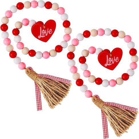 2 Pieces Valentine's Day Wood Bead Garlands with Tassels Farmhouse Rustic Country Wood Bead Garland with Wooden Heart Sign Wall Hanging Decor Prayer Boho Beads Natural Holiday Garland Decoration in Kuwait