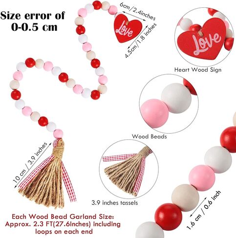 2 Pieces Valentine's Day Wood Bead Garlands with Tassels Farmhouse Rustic Country Wood Bead Garland with Wooden Heart Sign Wall Hanging Decor Prayer Boho Beads Natural Holiday Garland Decoration in Kuwait