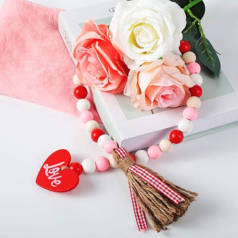 2 Pieces Valentine's Day Wood Bead Garlands with Tassels Farmhouse Rustic Country Wood Bead Garland with Wooden Heart Sign Wall Hanging Decor Prayer Boho Beads Natural Holiday Garland Decoration in Kuwait