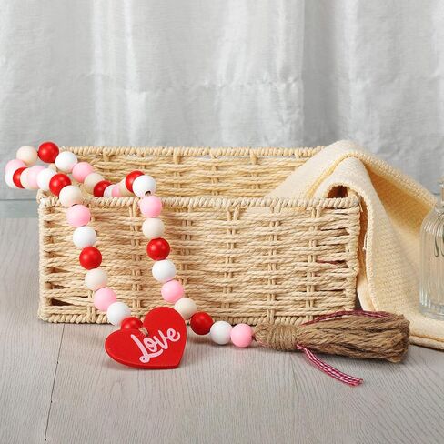 2 Pieces Valentine's Day Wood Bead Garlands with Tassels Farmhouse Rustic Country Wood Bead Garland with Wooden Heart Sign Wall Hanging Decor Prayer Boho Beads Natural Holiday Garland Decoration in Kuwait