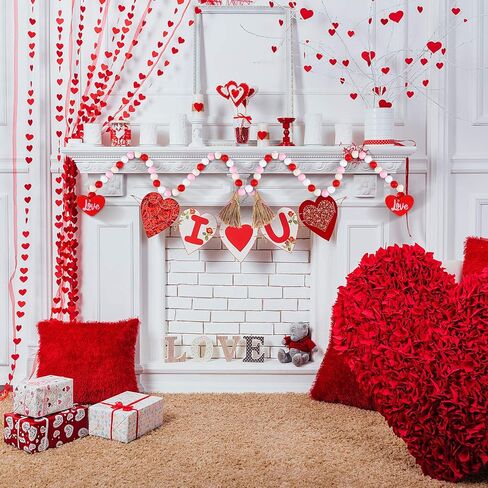 2 Pieces Valentine's Day Wood Bead Garlands with Tassels Farmhouse Rustic Country Wood Bead Garland with Wooden Heart Sign Wall Hanging Decor Prayer Boho Beads Natural Holiday Garland Decoration in Kuwait