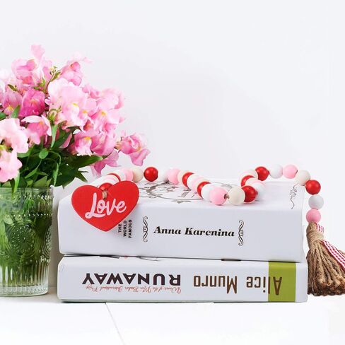 2 Pieces Valentine's Day Wood Bead Garlands with Tassels Farmhouse Rustic Country Wood Bead Garland with Wooden Heart Sign Wall Hanging Decor Prayer Boho Beads Natural Holiday Garland Decoration in Kuwait