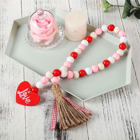 2 Pieces Valentine's Day Wood Bead Garlands with Tassels Farmhouse Rustic Country Wood Bead Garland with Wooden Heart Sign Wall Hanging Decor Prayer Boho Beads Natural Holiday Garland Decoration in Kuwait