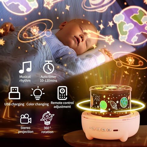 Jovow ضوء ليلي للأطفال، 84 وضع إضاءة 14 فيلمًا، جهاز عرض أضواء يدور 360 درجة للأطفال مع موسيقى ومؤقت عن بعد، هدية ديكور غرفة نوم قابلة لإعادة الشحن للأولاد والبنات (دب لطيف) in Kuwait