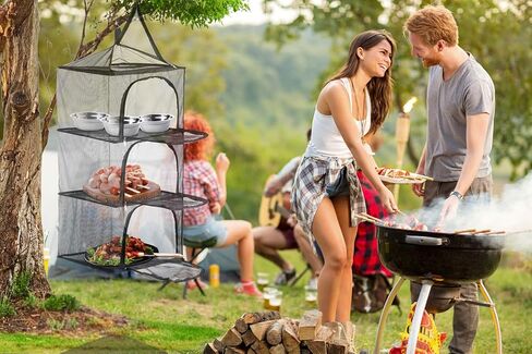 ويالرز شبكة جافة شبكية للحشرات، 4 طبقات معلقة في الهواء الطلق، منظم التخييم ملحقات المطبخ والاطباق والملابس والطعام والخضروات والفواكه رف قابل للطي للتخزين في المنزل والتخييم والنزهات والشواء in Kuwait