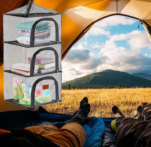 ويالرز شبكة جافة شبكية للحشرات، 4 طبقات معلقة في الهواء الطلق، منظم التخييم ملحقات المطبخ والاطباق والملابس والطعام والخضروات والفواكه رف قابل للطي للتخزين في المنزل والتخييم والنزهات والشواء in Kuwait