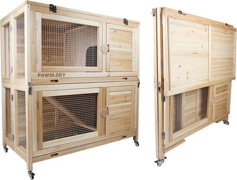 Collapsible Rabbit Hutch with Wheels, Upgrade Solid Wood Natrual Travel Bunny Houses & Habitats Rabbit Castle Jaula para Conejos Removable Rabbit Hideout, Idea for Rabbits Guinea Pigs,Nature in Kuwait