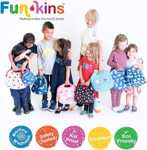 حقيبة غداء معزولة للأطفال من FUN KINS Funkins، واسعة، متينة، يمكن غسلها في الغسالة، جودة ممتازة، جيب داخلي وبطاقة اسم، سهلة التعبئة، يمكن طيها بشكل مسطح للتخزين، حقيبة غداء كبيرة الحجم (ماكارونس) in Kuwait
