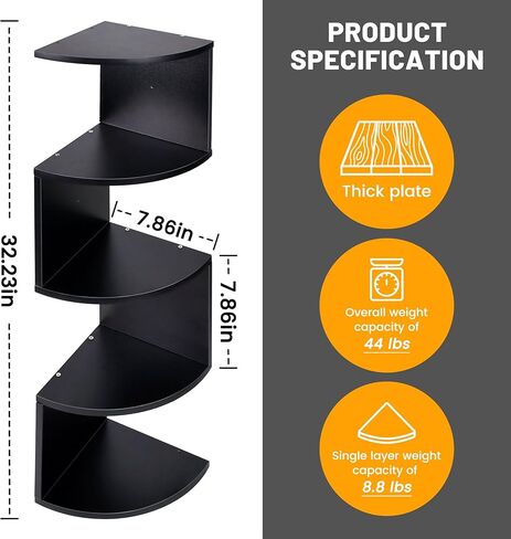 Renook 5-Tier Corner Shelves, Rustic Wood Wall Mount Corner Storage Shelves, Easy-to-Assemble Floating Wall Shelf for Home Decor and Accessories, Black Finish in Kuwait