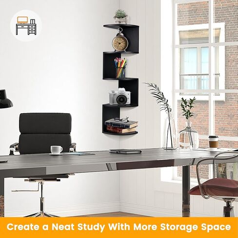 Renook 5-Tier Corner Shelves, Rustic Wood Wall Mount Corner Storage Shelves, Easy-to-Assemble Floating Wall Shelf for Home Decor and Accessories, Black Finish in Kuwait