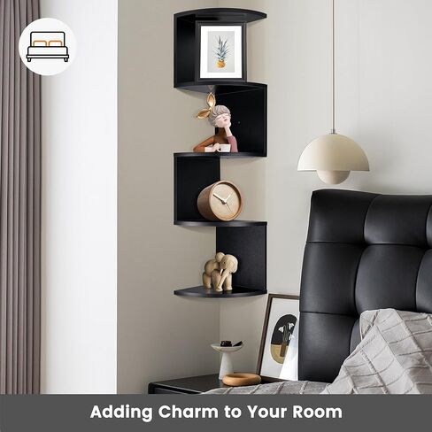 Renook 5-Tier Corner Shelves, Rustic Wood Wall Mount Corner Storage Shelves, Easy-to-Assemble Floating Wall Shelf for Home Decor and Accessories, Black Finish in Kuwait