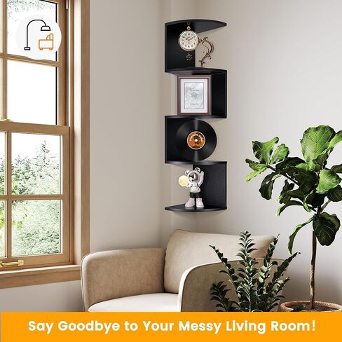 Renook 5-Tier Corner Shelves, Rustic Wood Wall Mount Corner Storage Shelves, Easy-to-Assemble Floating Wall Shelf for Home Decor and Accessories, Black Finish in Kuwait