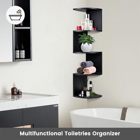 Renook 5-Tier Corner Shelves, Rustic Wood Wall Mount Corner Storage Shelves, Easy-to-Assemble Floating Wall Shelf for Home Decor and Accessories, Black Finish in Kuwait