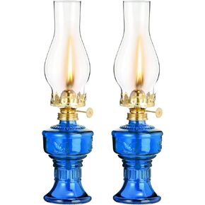 2 Pcs Chamber Oil Lamps for Indoor Use Vintage Kerosene Lamp Clear Hurricane Lamp Rustic Kerosene Lantern with Adjustable Fire Wick Lighting Oil Lantern for Home Emergency Lighting, 13'' High (Blue)